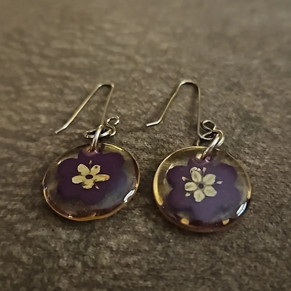 3/$20 Purple Dried Flower Resin Dangle Hook Earrings - Picture 3 of 3